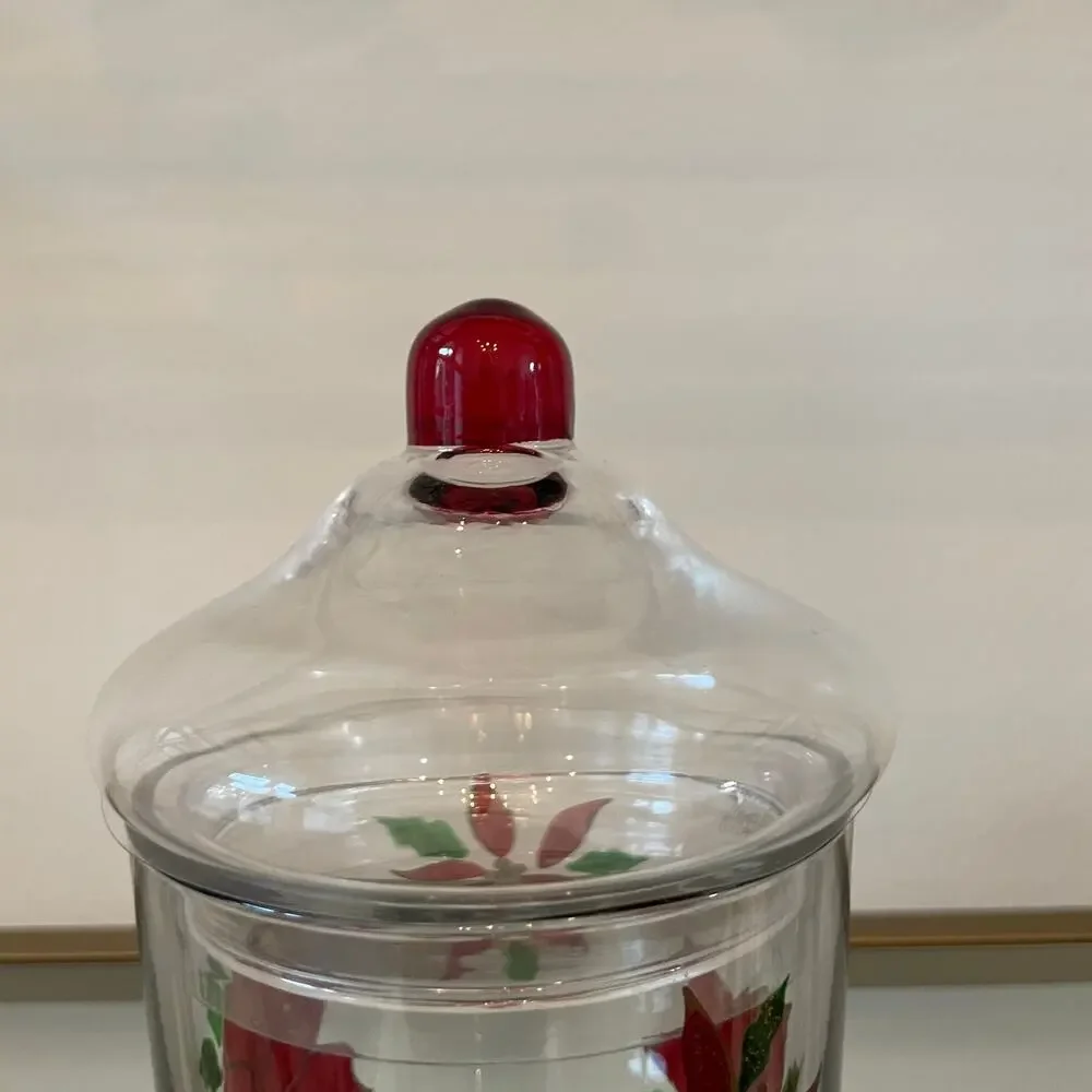 Clear Glass Christmas Poinsettia Storage Canister Cookie Jar 7.5x4 Holiday NEW